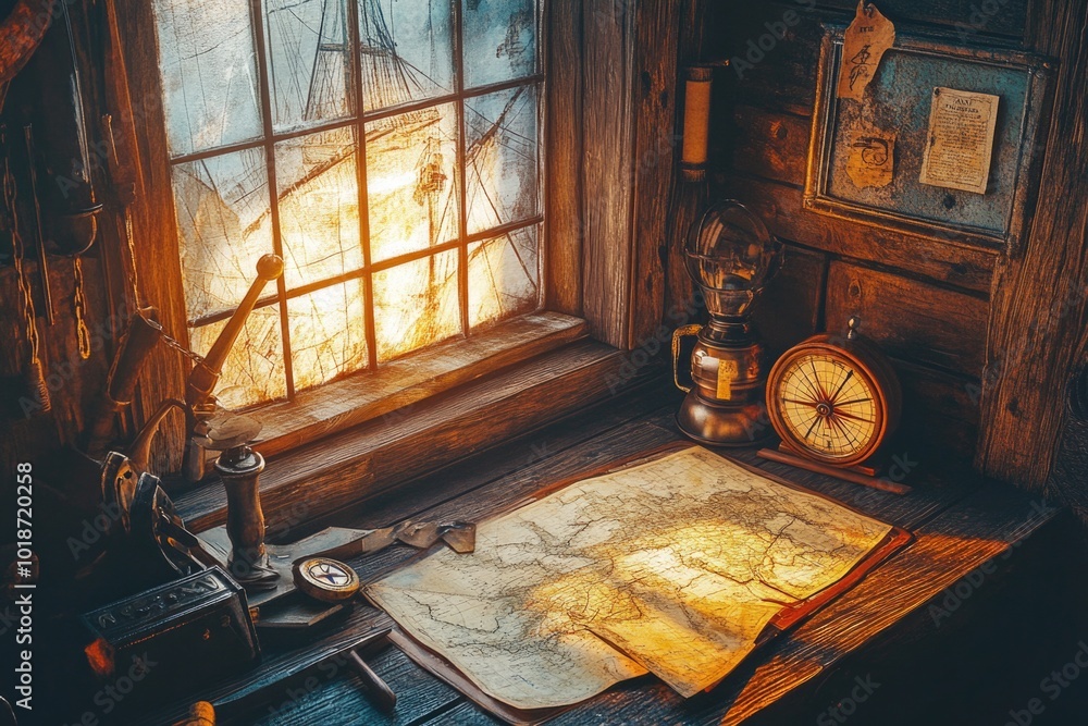Poster A desk with a map and a clock provides a sense of direction and timing