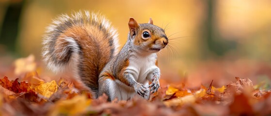 Fototapeta premium A squirrel stands on hind legs, front paws on ground before a leaf pile