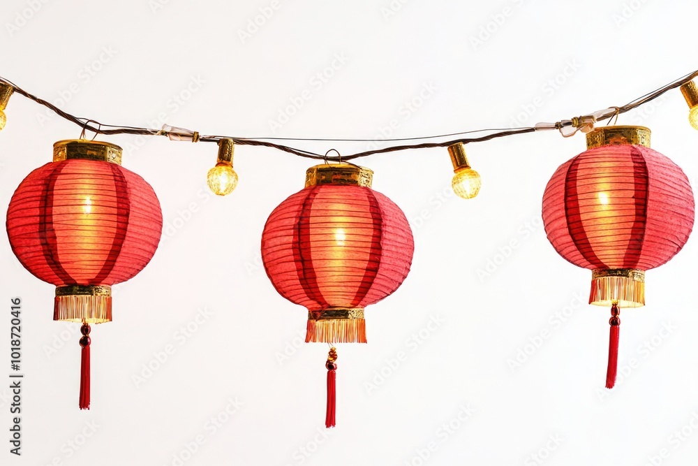 Poster decorative string of red lanterns suspended from a white ceiling, perfect for party or event decorat
