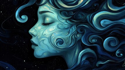 Obraz premium Artistic representation of a serene woman with flowing blue hair, cosmic background.