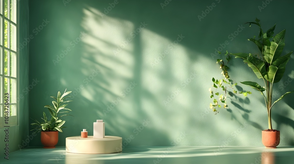 Poster sleek and sophisticated 3d minimalist studio room with deep forest green background empty floor and 