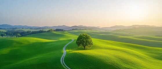  A lush green field houses a solitary tree in its heart, while a meandering road winds through its midst
