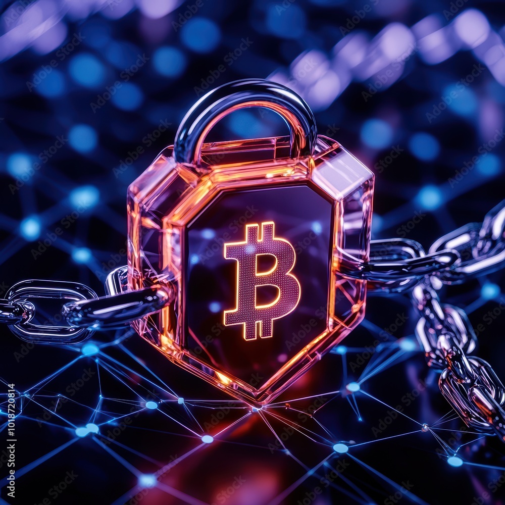 Poster a glowing bitcoin lock symbolizing security in digital currency, connected by chains in a digital ne