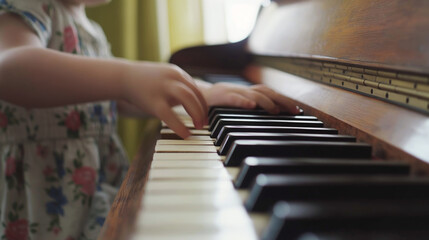 Child playing piano, learning music, young hands, black and white keys, early education, childhood...