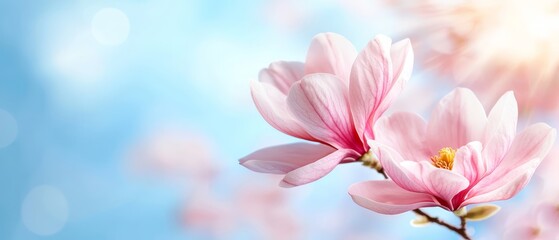 Fototapeta premium A tight shot of a pink blossom on a twig against a backdrop of a blue sky and sun