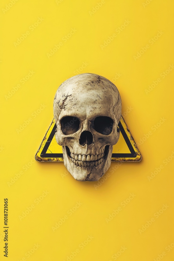 Poster a skull with a triangle symbol on a bright yellow background