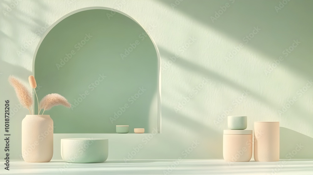 Poster minimalist 3d studio room scene with muted sage background empty floor and wall product podium displ