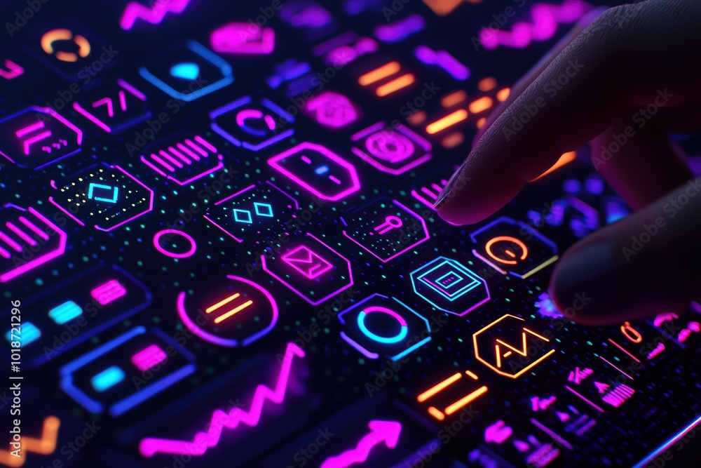 Poster close-up of a hand interacting with vibrant digital icons on a screen, showcasing modern technology 