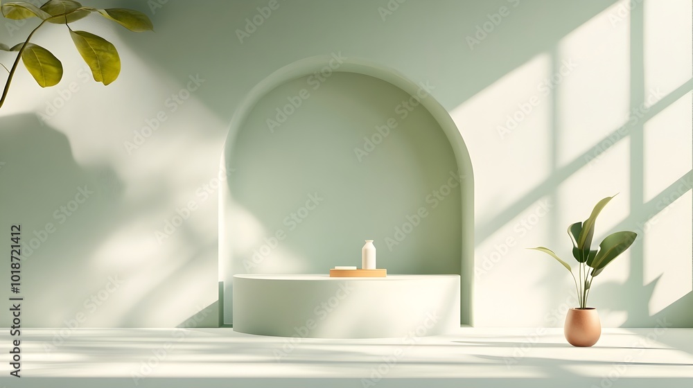 Aufkleber minimalist 3d rendering of a studio room interior with muted olive green walls and floor an empty pr