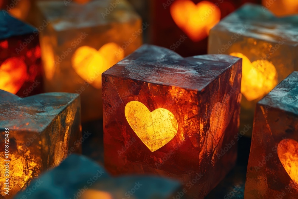 Poster Group of transparent ice cubes with a red heart formed by stacking and arranging the cubes, can be used for Valentine's Day or winter-themed designs