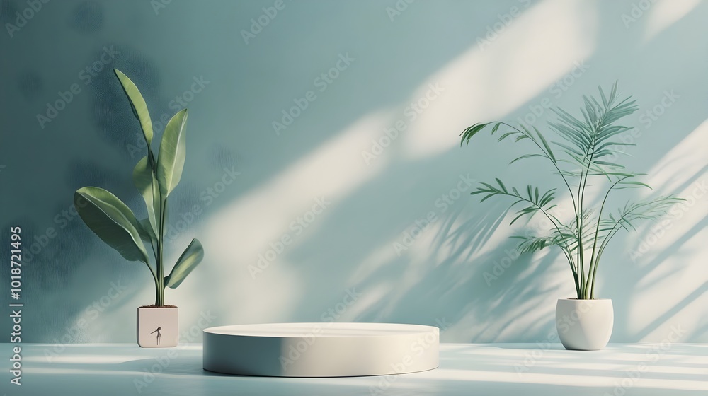 Poster sleek and modern 3d studio room setting with a serene slate gray background and subtle window lighti