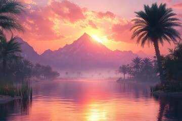 majestic desert landscape featuring a mountain silhouette against a tranquil oasis lake illuminated by the morning sunrise with mist creating an enchanting atmosphere of serenity