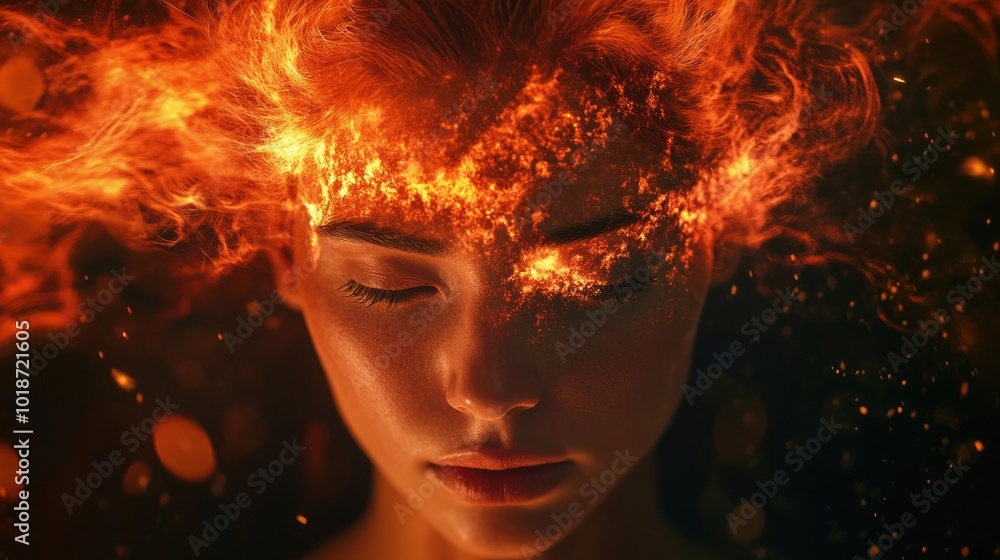 Sticker A close-up of a woman with flames or sparks on her hair