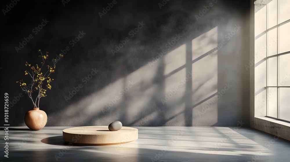 Aufkleber minimalist charcoal studio room with empty floor and walls dramatic shadow overlay from window acros