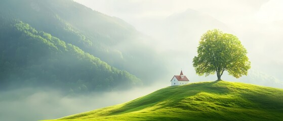  A house atop a verdant hill Tree in foreground Fog-shrouded mountain backdrop