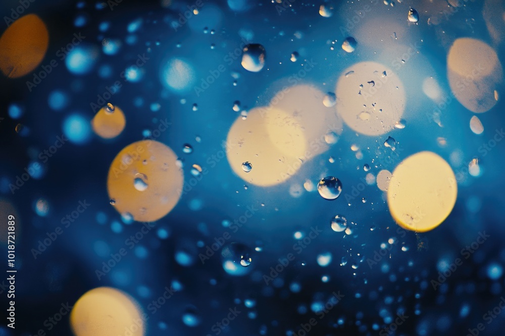 Poster blurry image of raindrops on a window, great for weather or mood illustrations