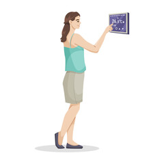 A woman adjusting a smart home device, digital graphic style, on a white background. Concept of smart home. Vector illustration