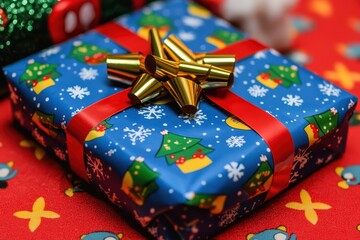 Colorful Christmas gift with festive wrapping paper and a shiny bow, set against a vibrant holiday-themed background.
