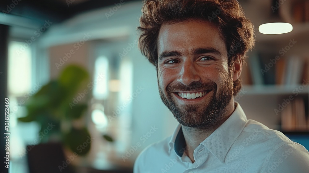 Poster a portrait of a man with a beard smiling directly into the camera lens