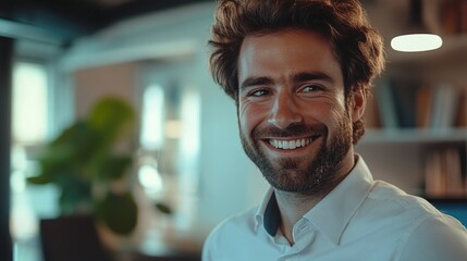 Obraz premium A portrait of a man with a beard smiling directly into the camera lens