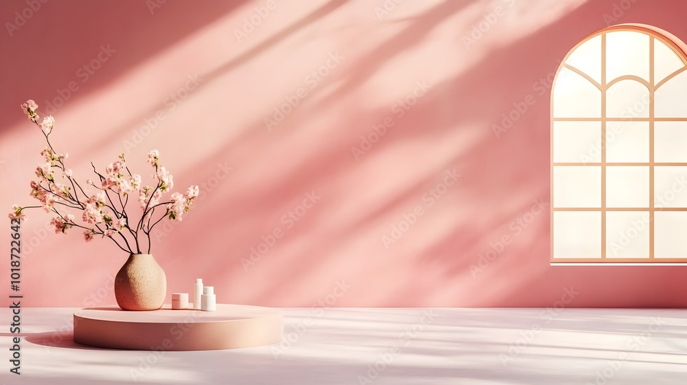 Poster minimalist 3d studio room with muted mauve background empty floor and wall product podium and soft n