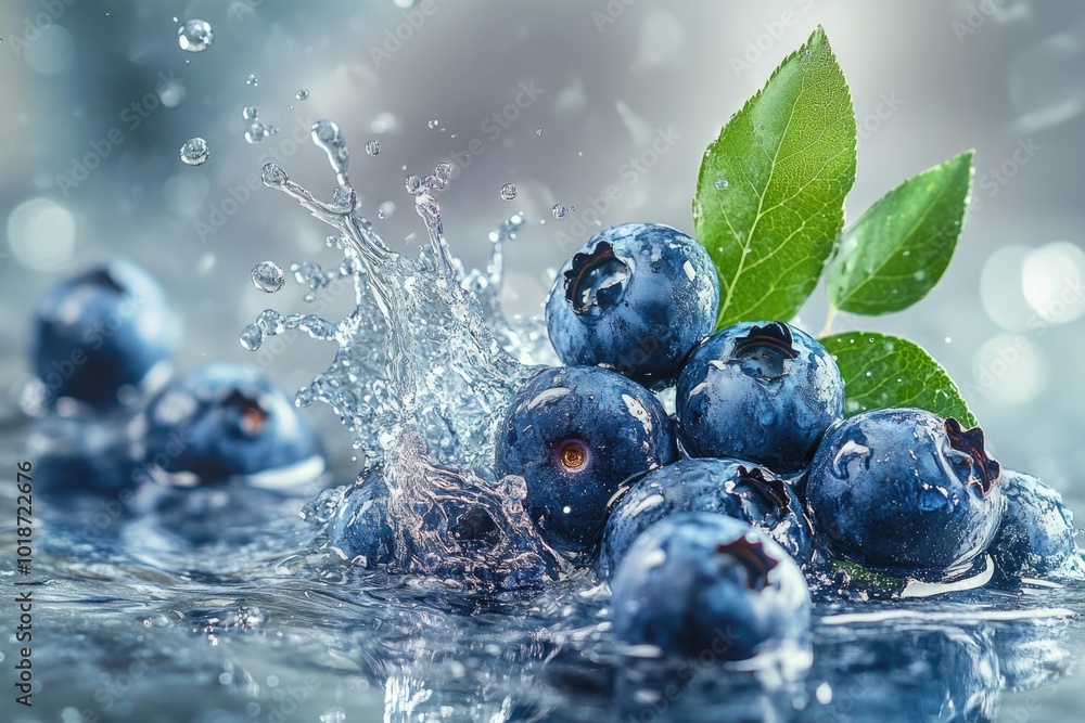 Poster a handful of blueberries falling into water, creating a splash