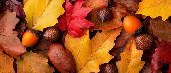 A collection of leaves and acorns overlapping on a russet-hued bed of brown, yellow, and red autumn leaves