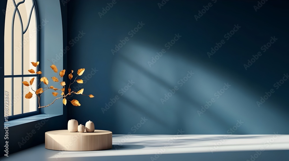 Poster serene and minimalist 3d studio room with deep navy background empty floor and wall product podium a