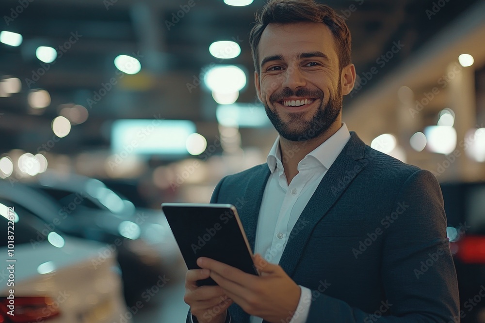 Poster a businessman holds a tablet computer, likely working on the go
