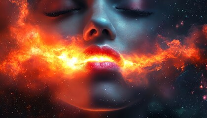 Fototapeta premium A mesmerizing fusion of beauty and cosmic energy, depicting a face surrounded by vibrant colors and celestial elements.
