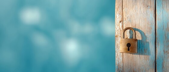  A wooden door, adorned with a padlock, faces a blue wall