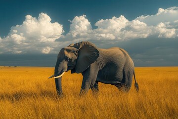 Obraz premium majestic elephant walking gracefully across the vast african savanna surrounded by golden grassland under a bright blue sky epitomizing the beauty of wildlife and nature