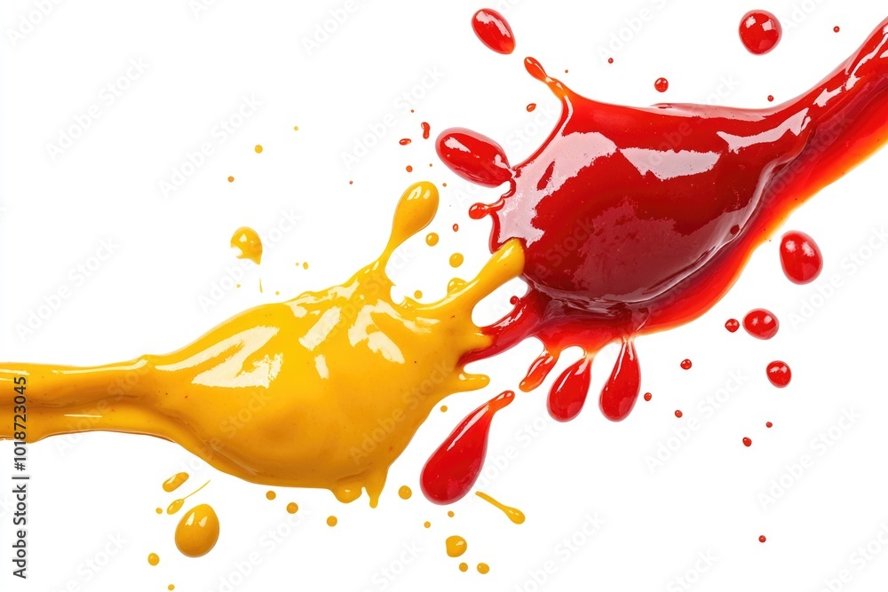 Poster a messy mixture of yellow and red liquids spreading across a white surface