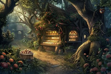 Obraz premium a digital art piece of a fantasy bakery in a magical forest