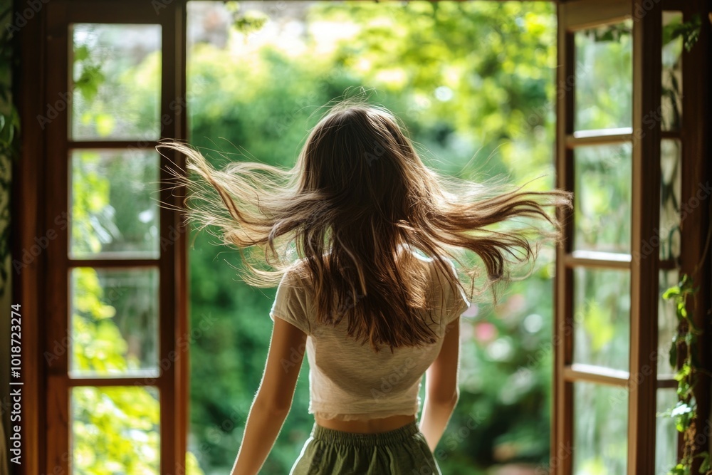 Poster A woman stands in front of an open window with a view outside