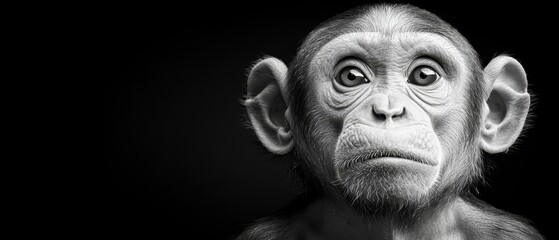  A monkey's surprised face in black and white, with a distinctive expression on its left eye