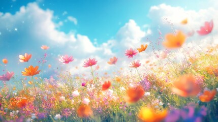 Obraz premium Vibrant Wildflowers in a Sunlit Meadow with a Blue Sky