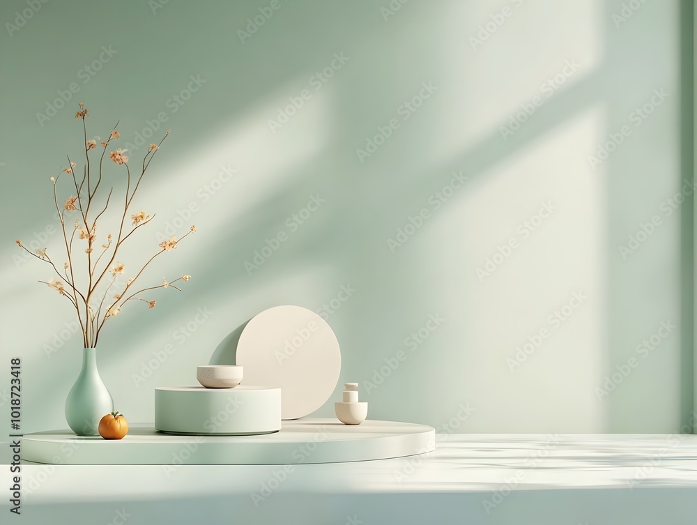 Poster serene and elegant 3d studio room with sage colored background empty floor and walls and a minimalis
