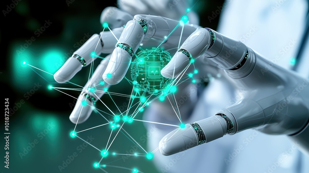 Poster futuristic robot hand interacting with digital data and networks, showcasing artificial intelligence