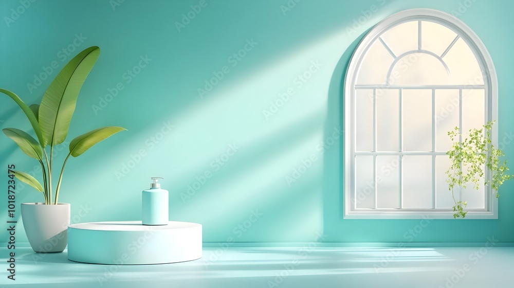 Poster serene and minimalist 3d studio room setting with an aqua blue background empty floor and wall a pro