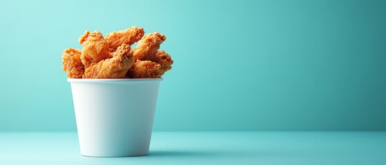 A delicious bucket of crispy fried chicken on a vibrant turquoise background, perfect for food advertisements and menus.