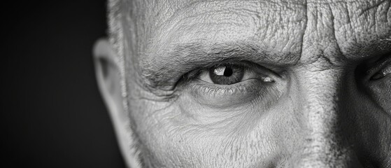  A monochrome image of an elder man's visage, marked by deep-set wrinkles around his eyes