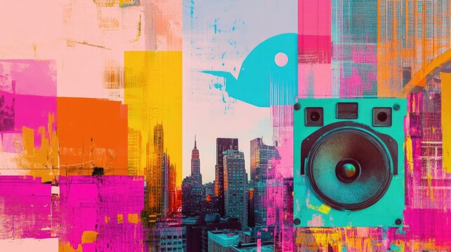 A person speaking into a microphone against a city skyline backdrop, suitable for presentations or urban events