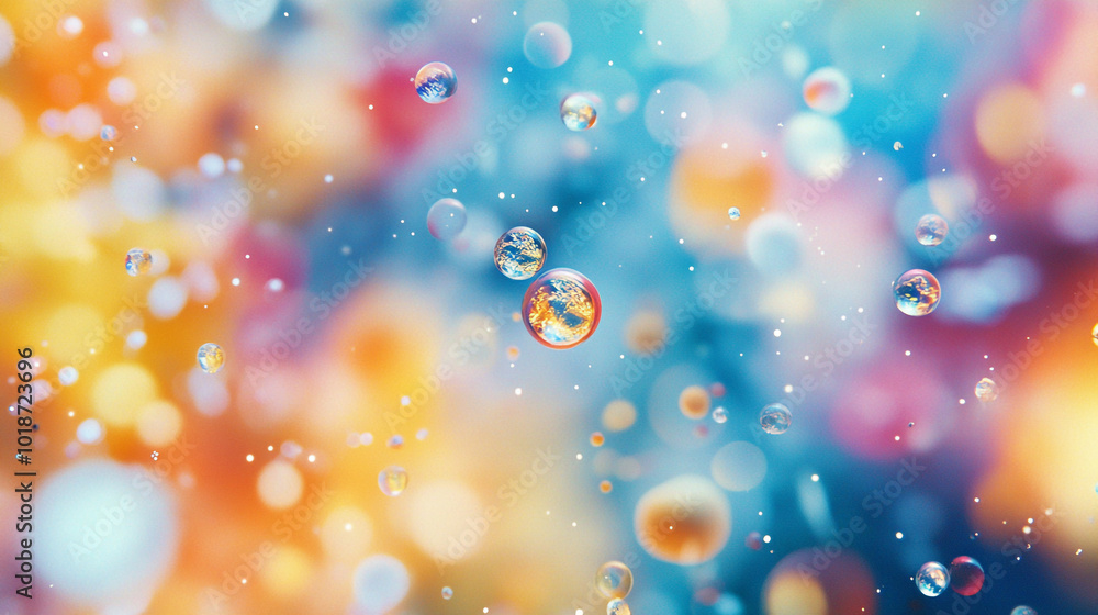 Poster colorful bubbles floating in an abstract background with vibrant hues and sparkles