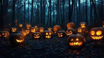 Halloween pumpkins in the forest at night.Halloween background with Evil Pumpkin. Spooky scary dark Night forrest. Holiday event halloween banner background concept