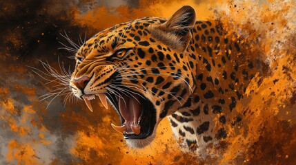 A leopard is shown with its mouth open, teeth bared, and its eyes wide open. The image has a sense of danger and intensity, as if the leopard is about to attack
