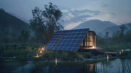 An innovative solar panel system designed for off-grid communities, blending cutting-edge technology with remote natural landscapes. Bright and sustainable.