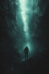 Fototapeta premium A diver explores the depths of an underwater canyon, surrounded by ethereal light and dark water, inspiring adventure and discovery.