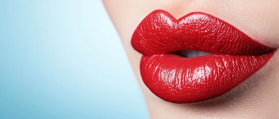  Close-up of woman's lips with bold red lipstick on tip against light blue backdrop