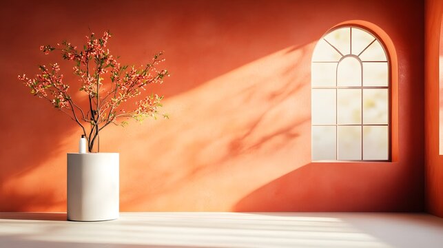 Minimalist 3D studio room with warm terracotta background empty floor and wall product podium shadow overlay from window to countertop and sunlit mockup